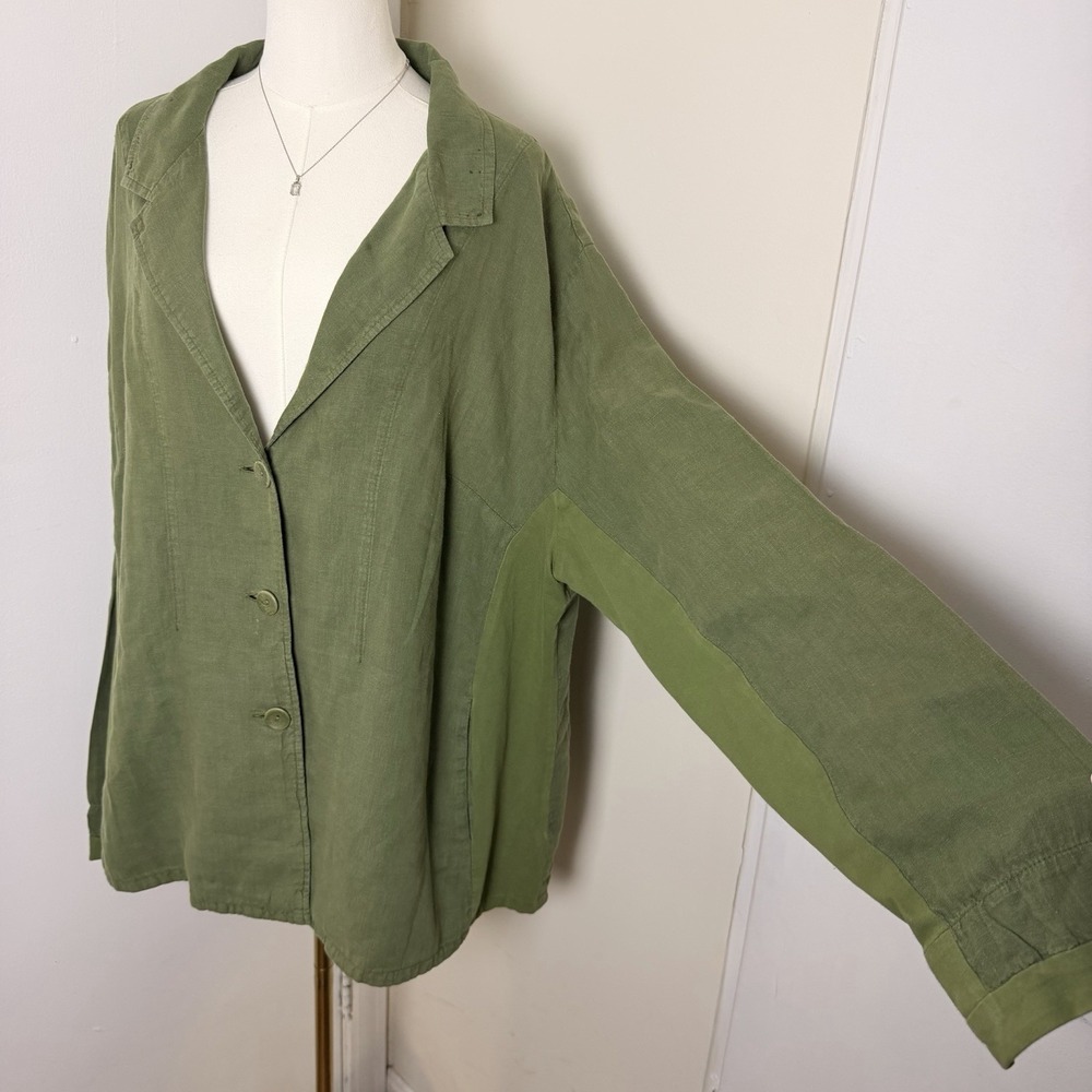 FLAX Women's 100% Linen Green Button Down Long Sleeve Top, Size XL